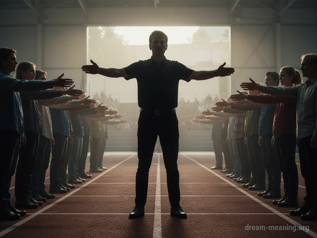 Silhouette of a person directing others into formation.