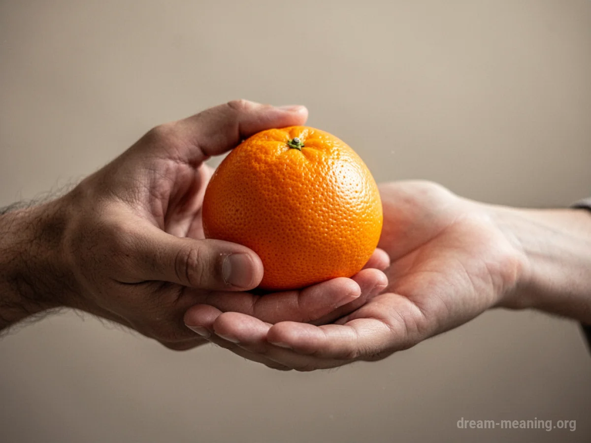A hand presenting an orange to another hand.