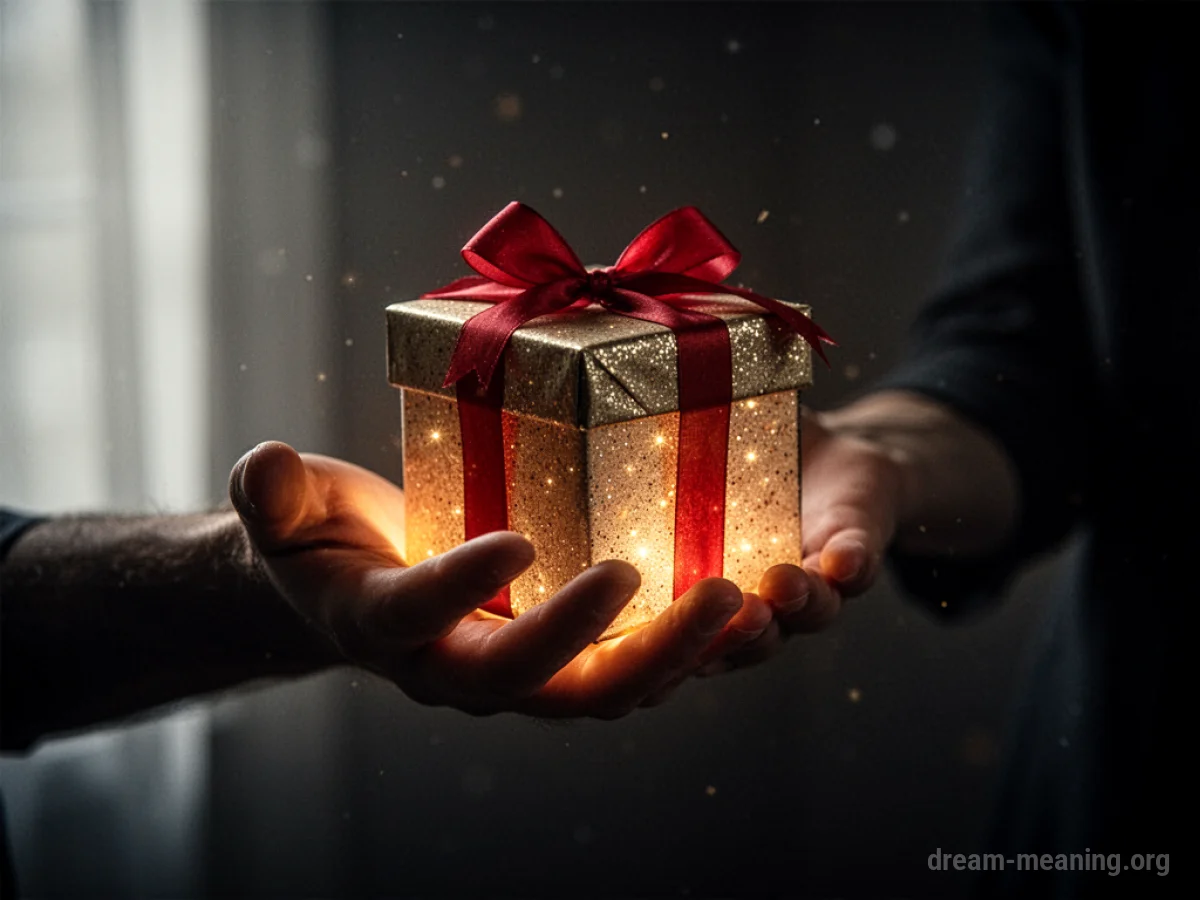 A hand reaching out from darkness holding a bright box.