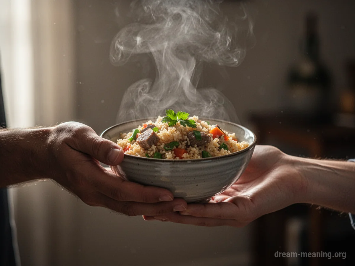 A hand offering a bowl of food to another hand.