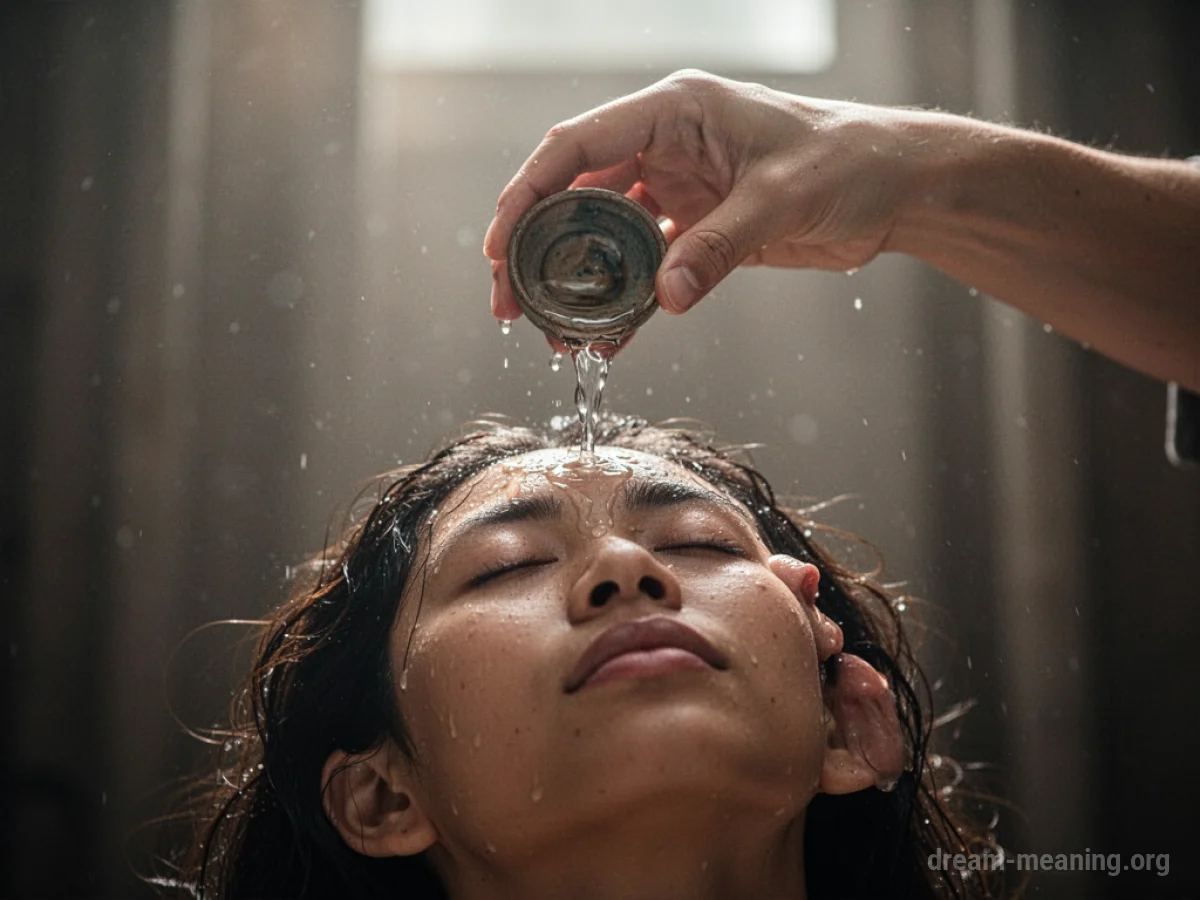 A close-up of a hand pouring oil onto another person's head.