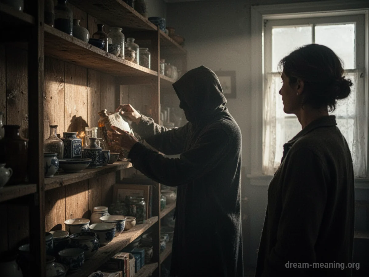 A figure arranging objects on a shelf while another person observes.