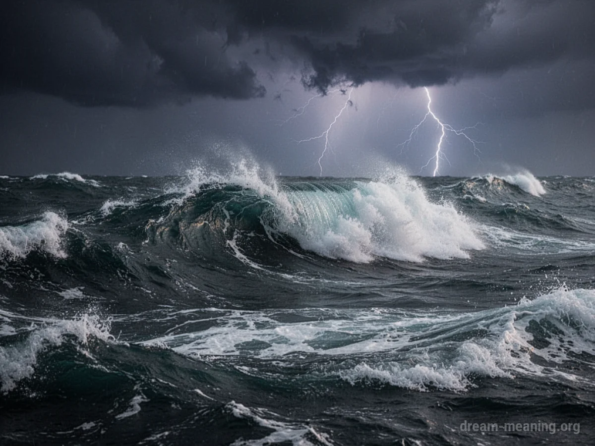 Crashing ocean waves during a storm under a dark, cloudy sky.
