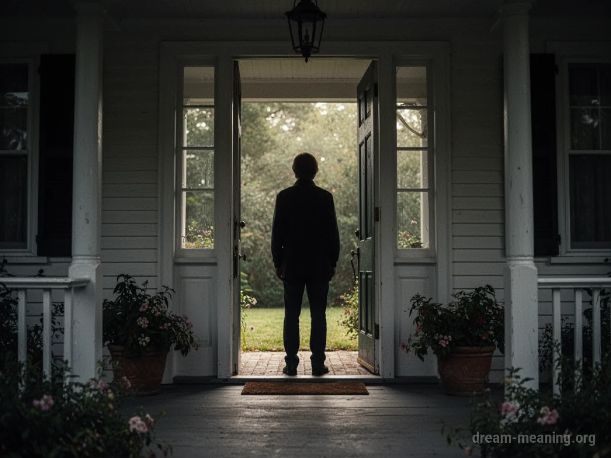 Silhouette of a person standing outside a closed door.