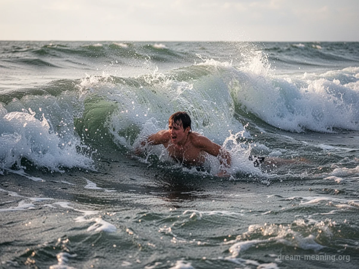 A person battling a strong ocean current with large waves.