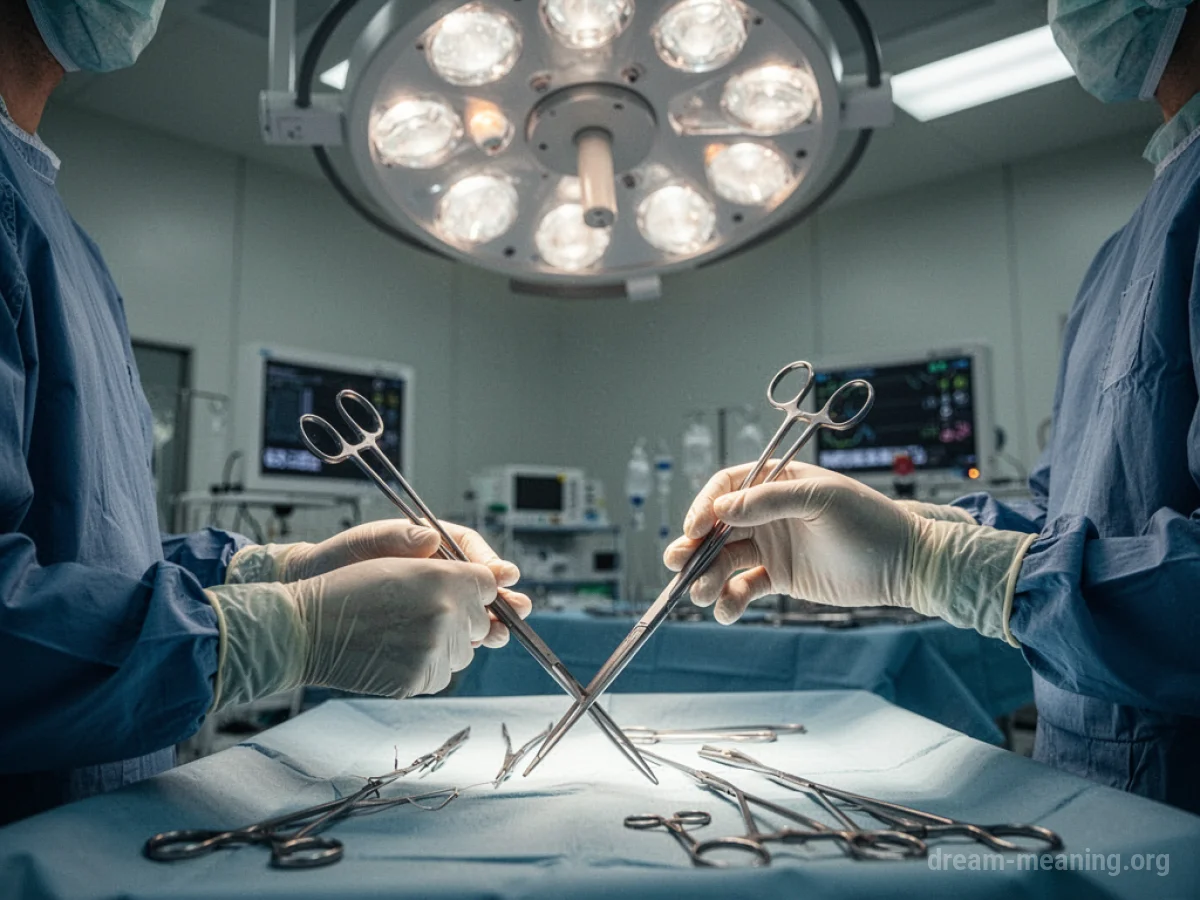 A pair of gloved hands holding surgical instruments in an operating room.