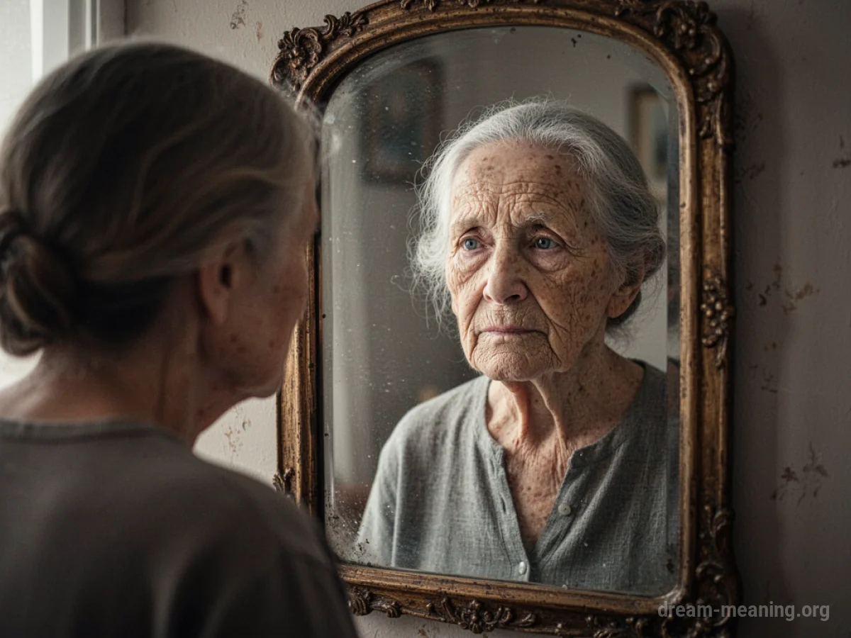 A person looking into a mirror sees their reflection as an elderly individual.
