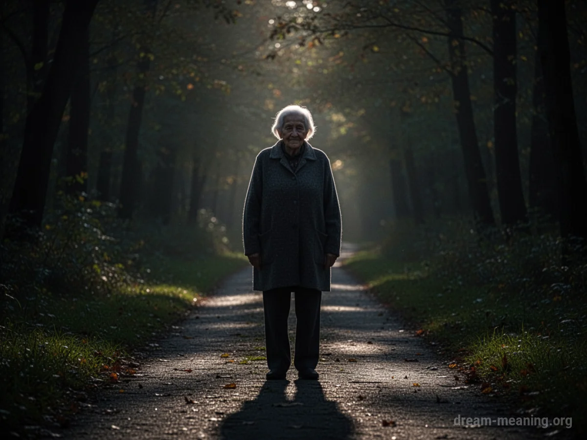 Silhouette of an elderly person standing on a path.