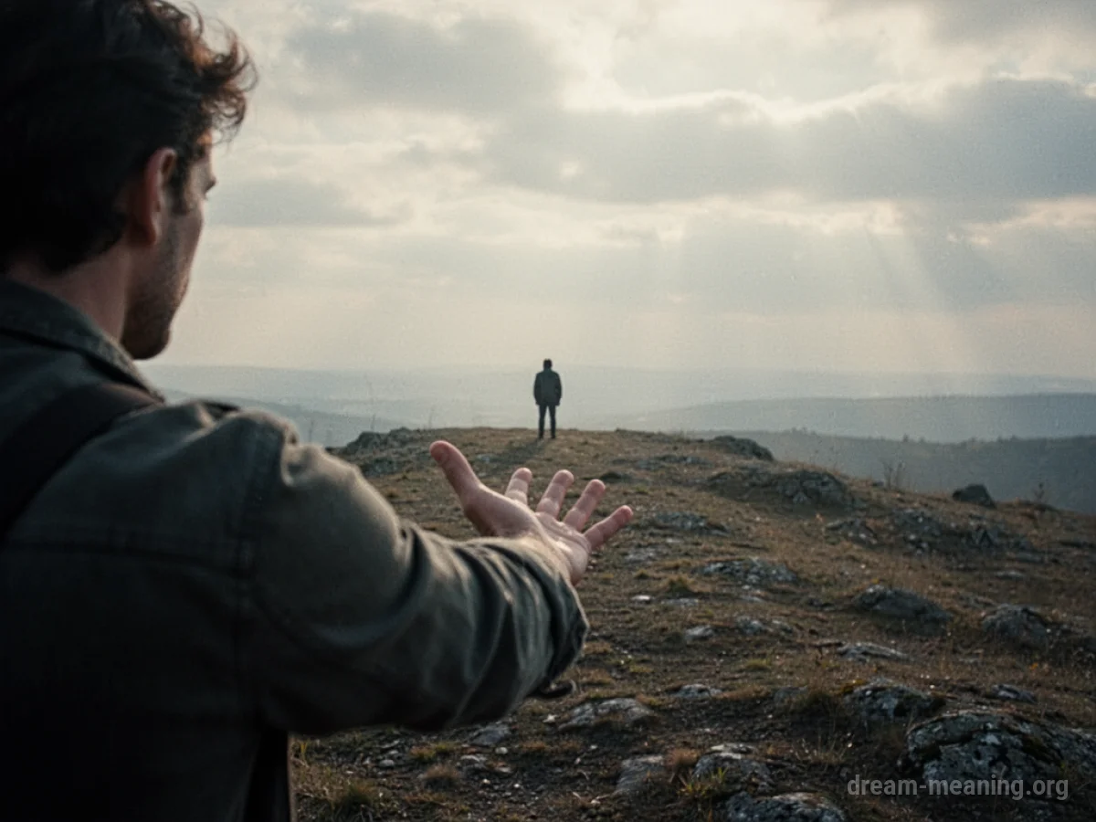 A silhouetted figure extending a hand towards a distant small figure.