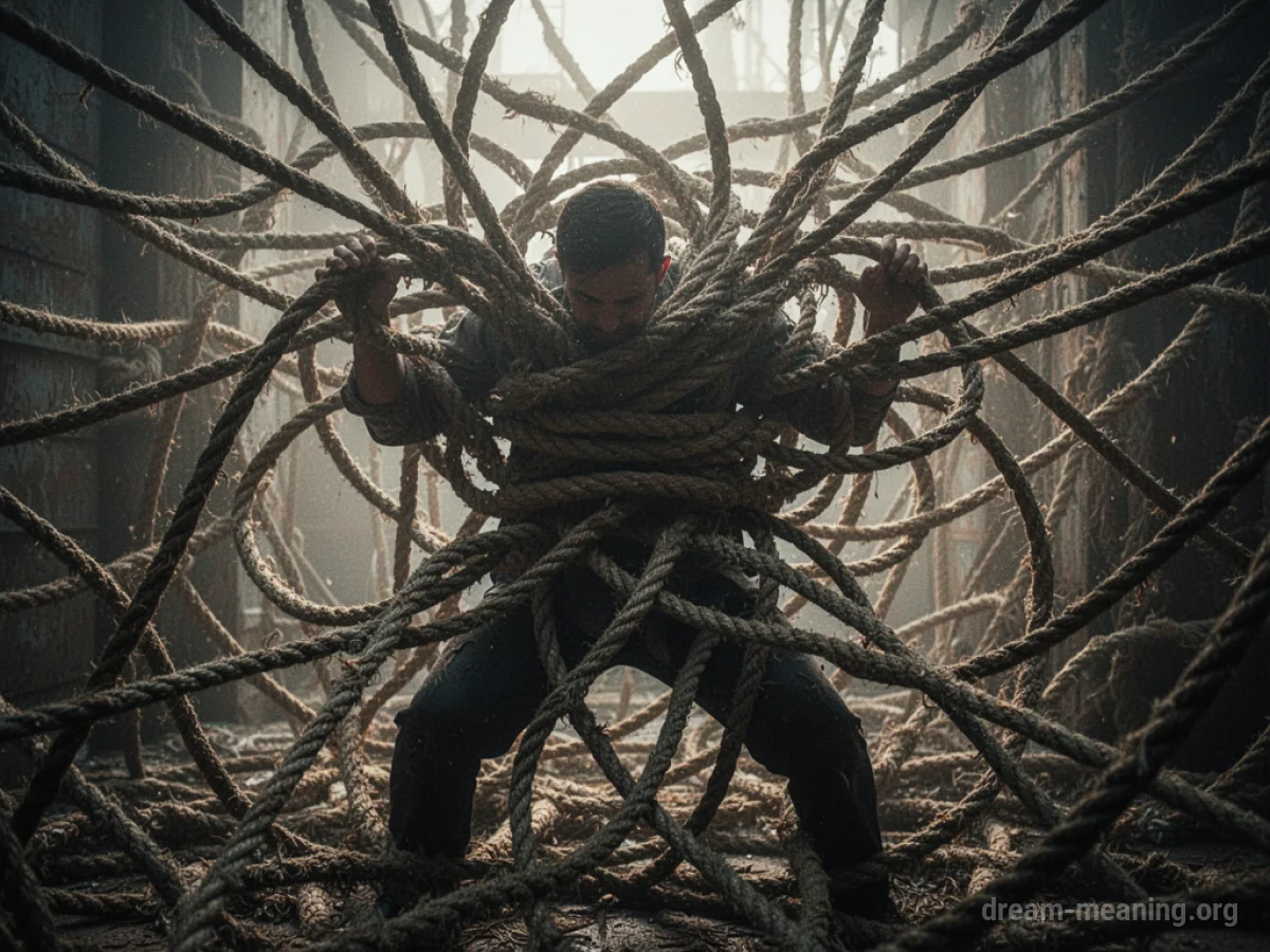 Silhouette of a person ensnared by many thick ropes.