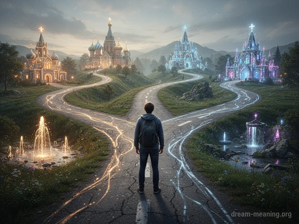 A person at a crossroads with several paths leading forward.