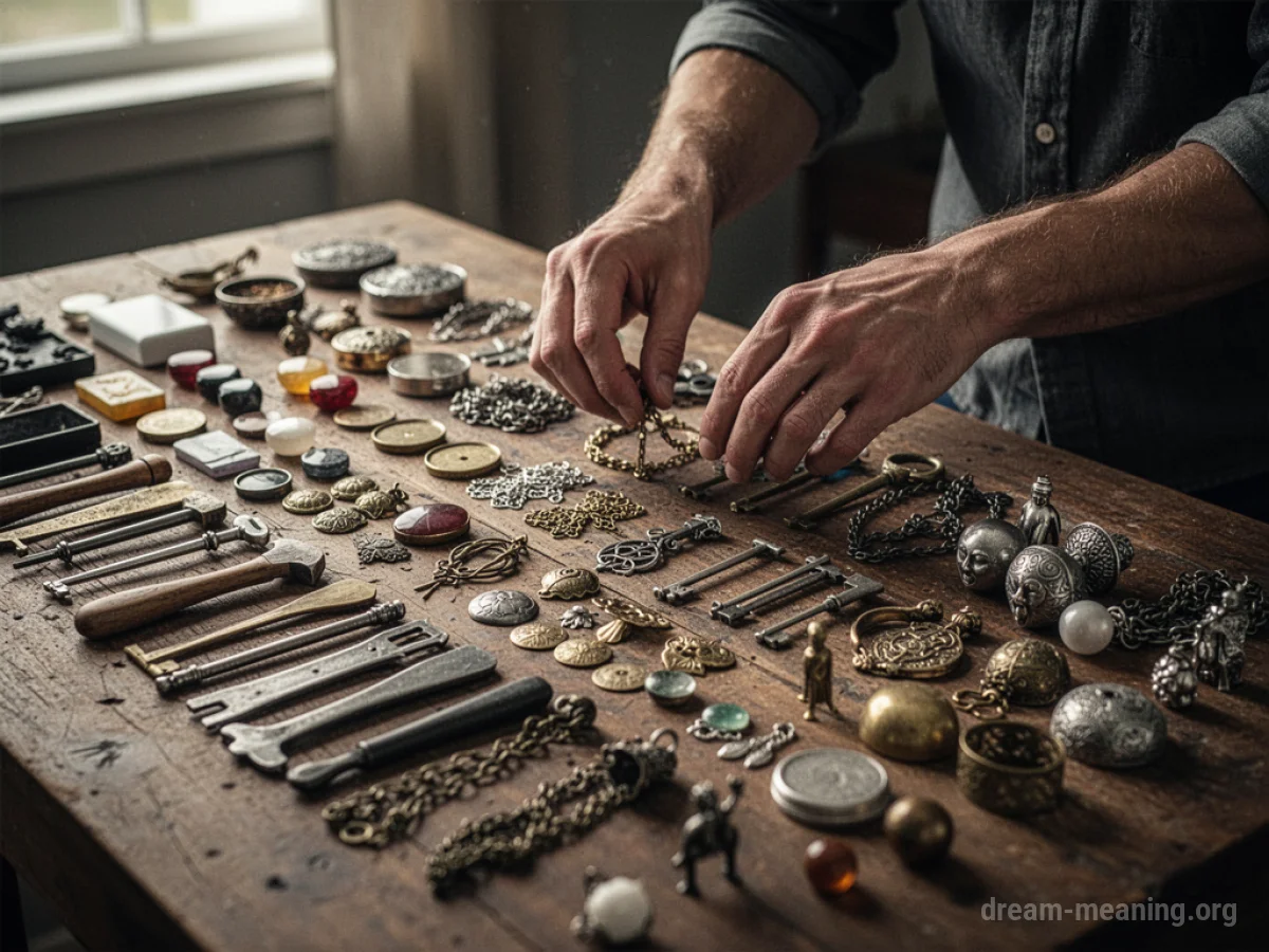 Hands sorting various items into organized rows.