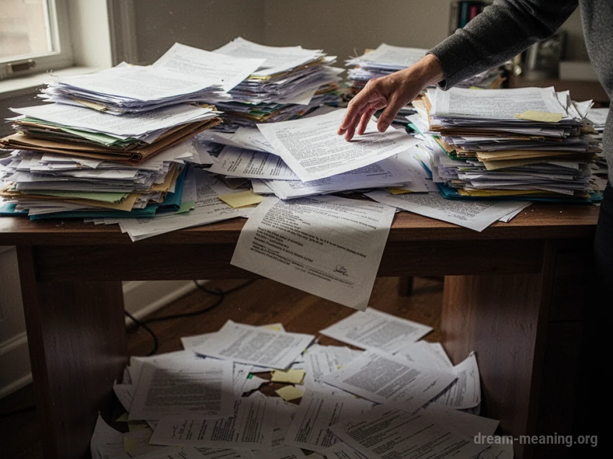 A desk covered in a chaotic pile of papers and folders, with some documents scattered on the floor.