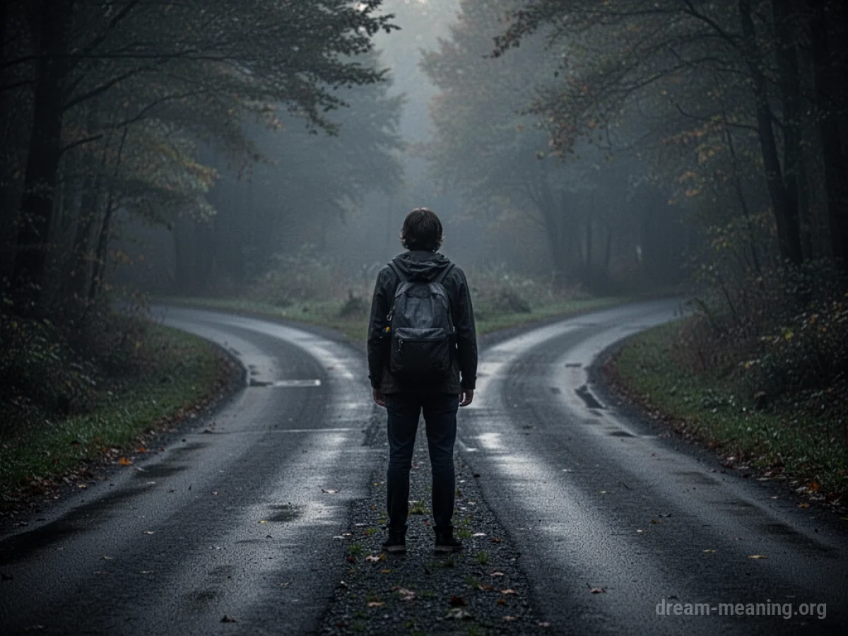 Person at a dimly lit fork in the road.