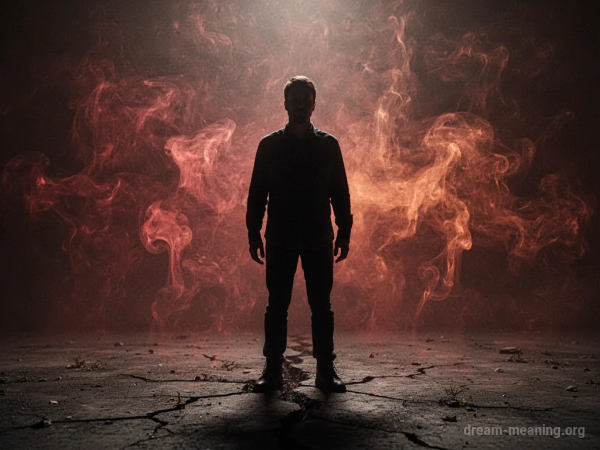 Silhouette of a person standing on cracked ground with wisps of smoke.