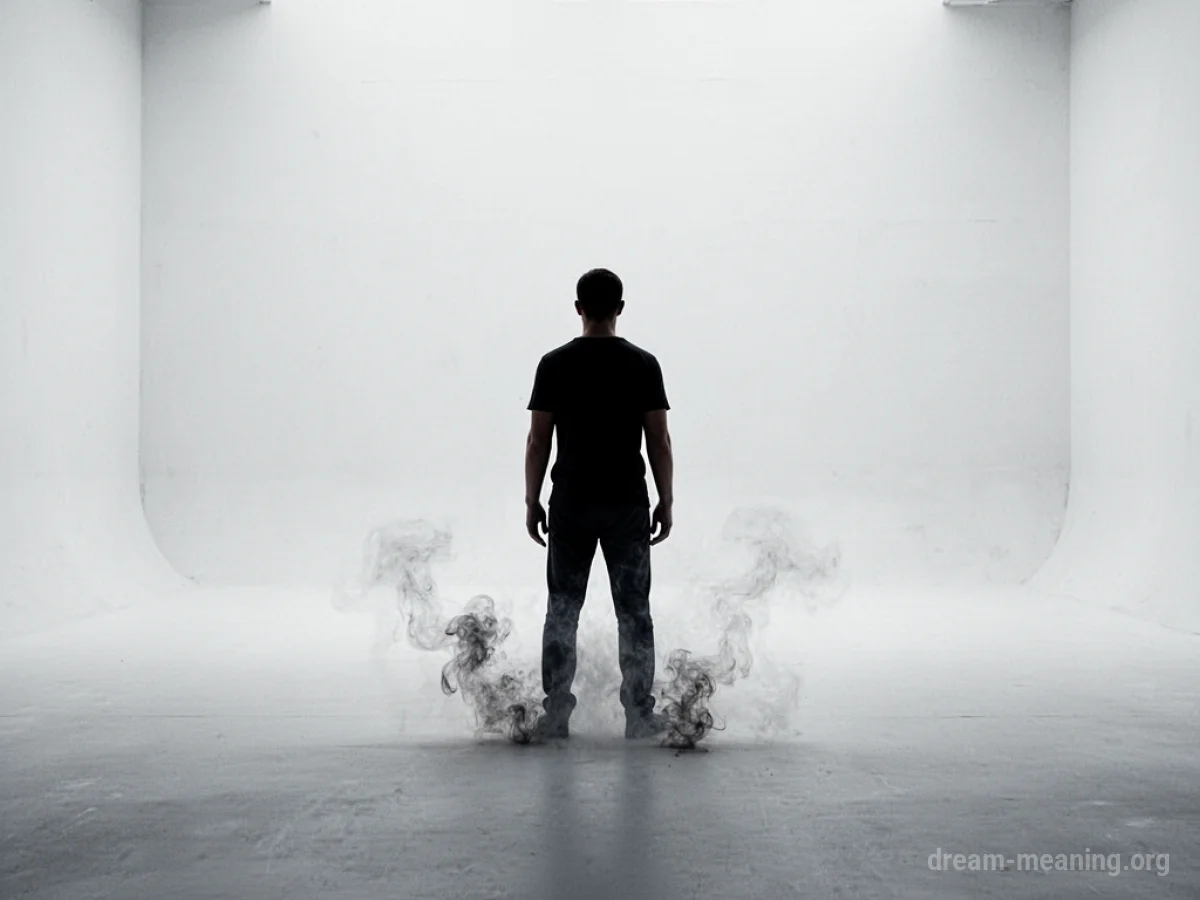 Silhouette of a person in a white void with dark wisps of smoke.