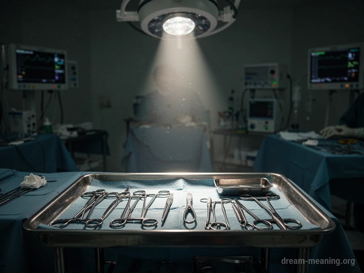An operating room table with surgical tools and a draped figure.