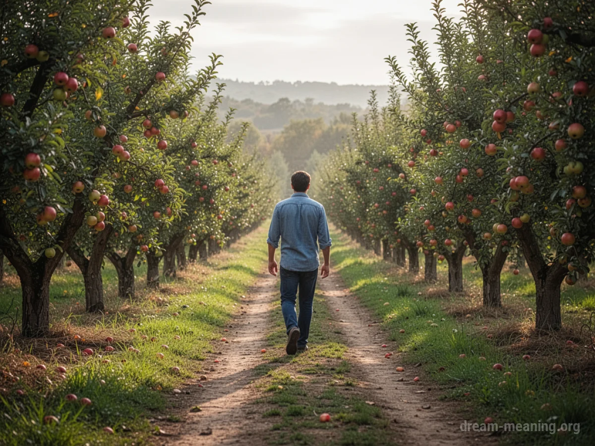 A person walking on a path between rows of fruit trees in an orchard.