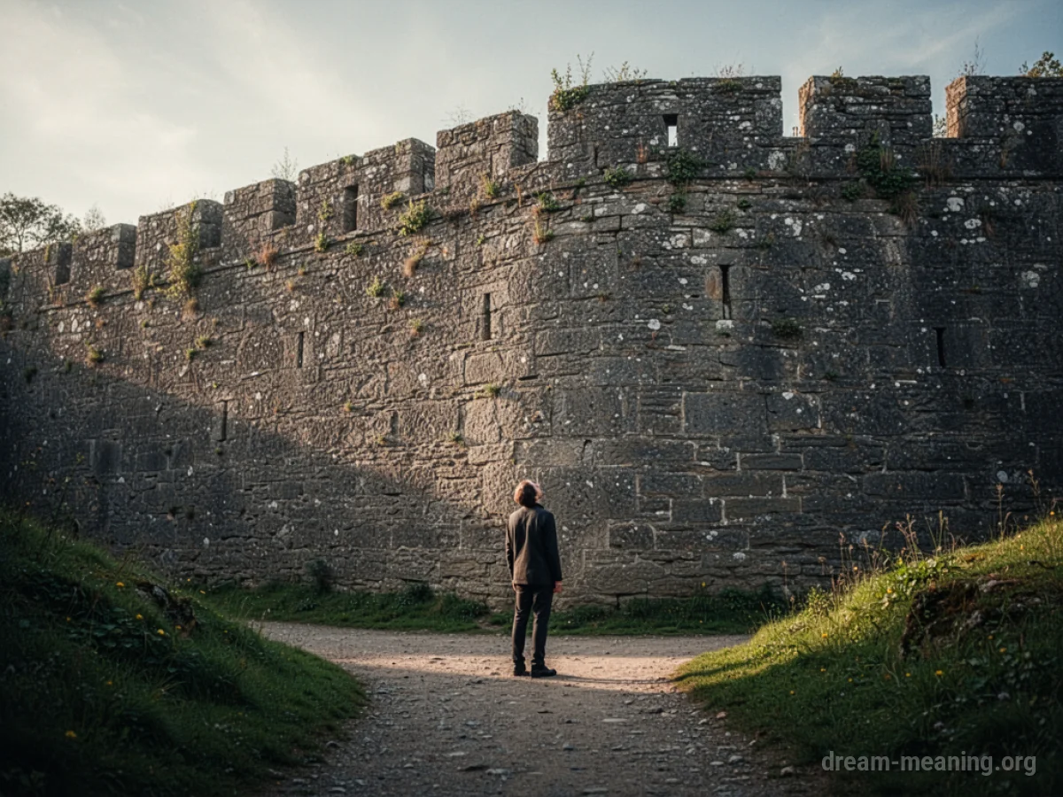 A stone wall blocking a path with a person standing in front of it.