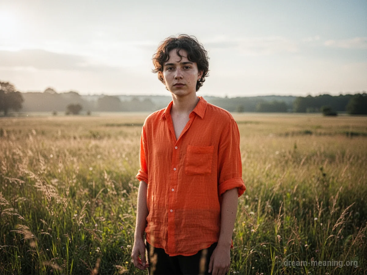 A person in an orange shirt in a sunny field.