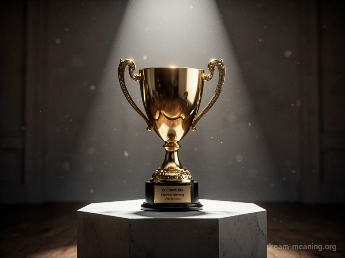 A golden trophy illuminated on a pedestal.