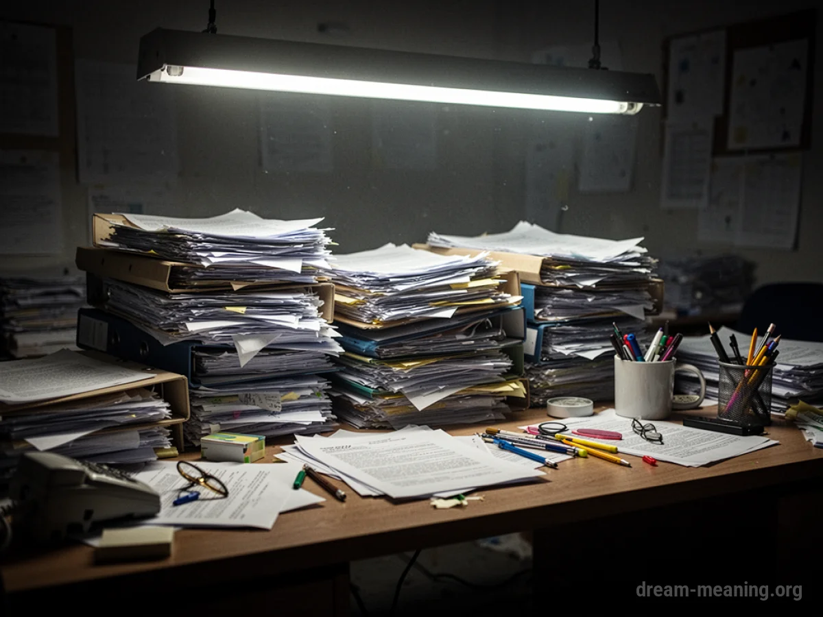 A cluttered desk with stacks of papers and files.