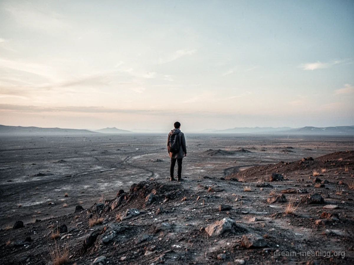 A solitary person stands on the precipice of an empty, barren expanse.