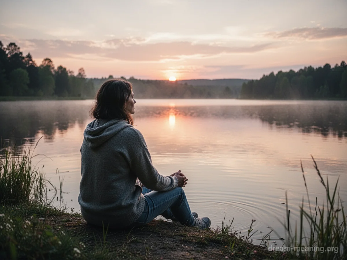 Person sitting by a still lake at sunset.