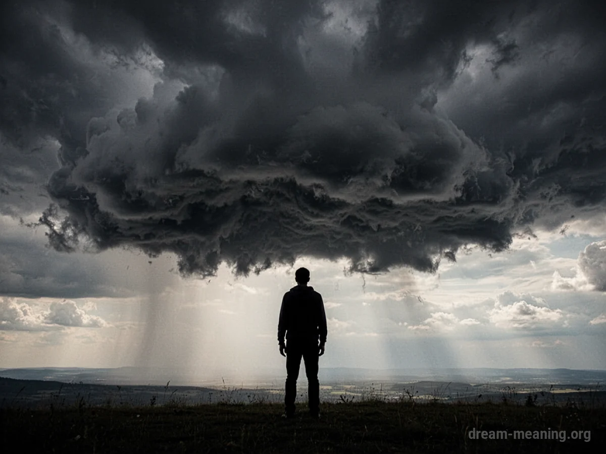 Silhouette of a person beneath a large, dark cloud.