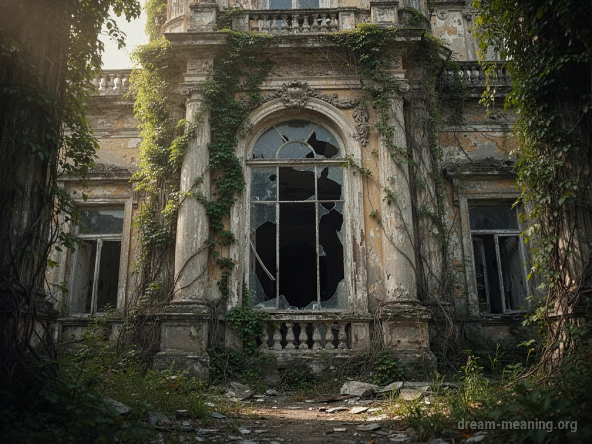 A large, crumbling palace covered in overgrowth with a dark, broken window.