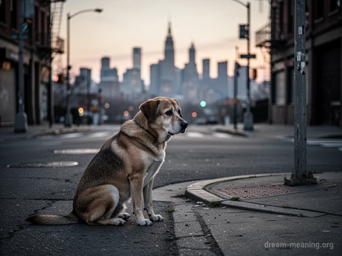 A lone dog sits on a street corner at dusk.