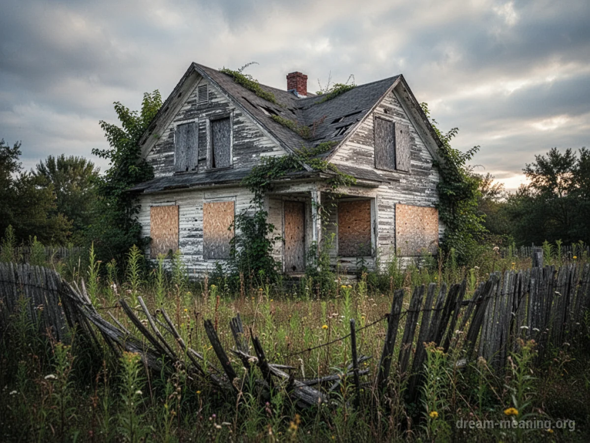 Dilapidated house with overgrown yard and broken fence.