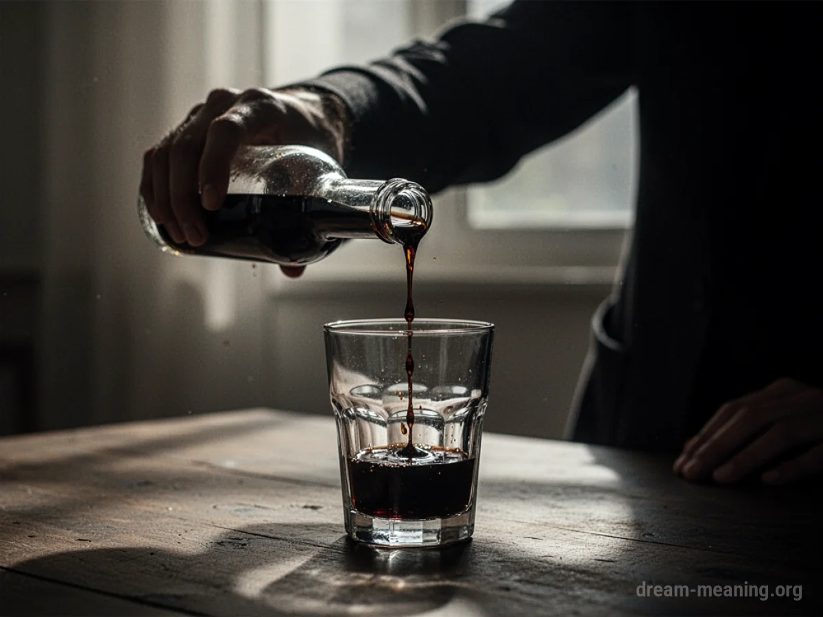 A hand spilling a dark liquid into a glass.