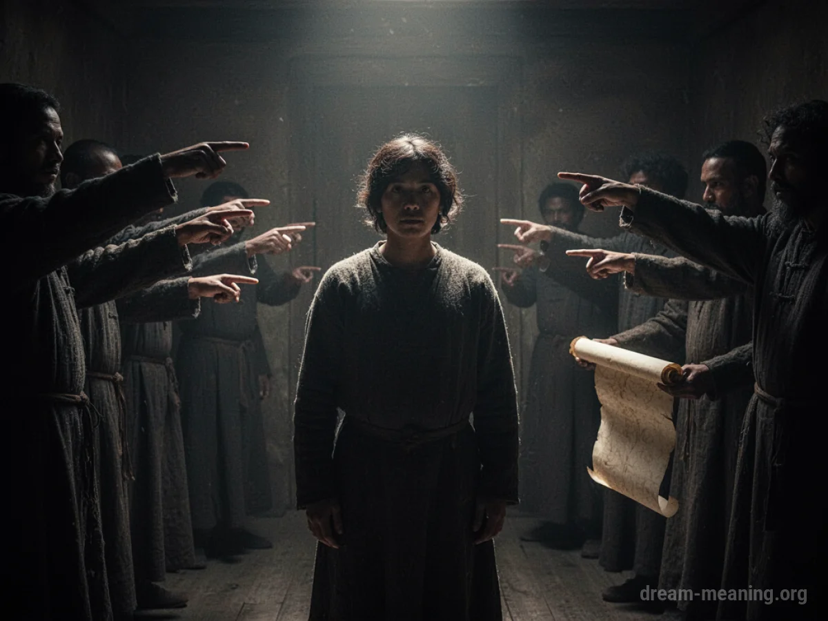 A person being pointed at by multiple shadowy figures in a dark room.