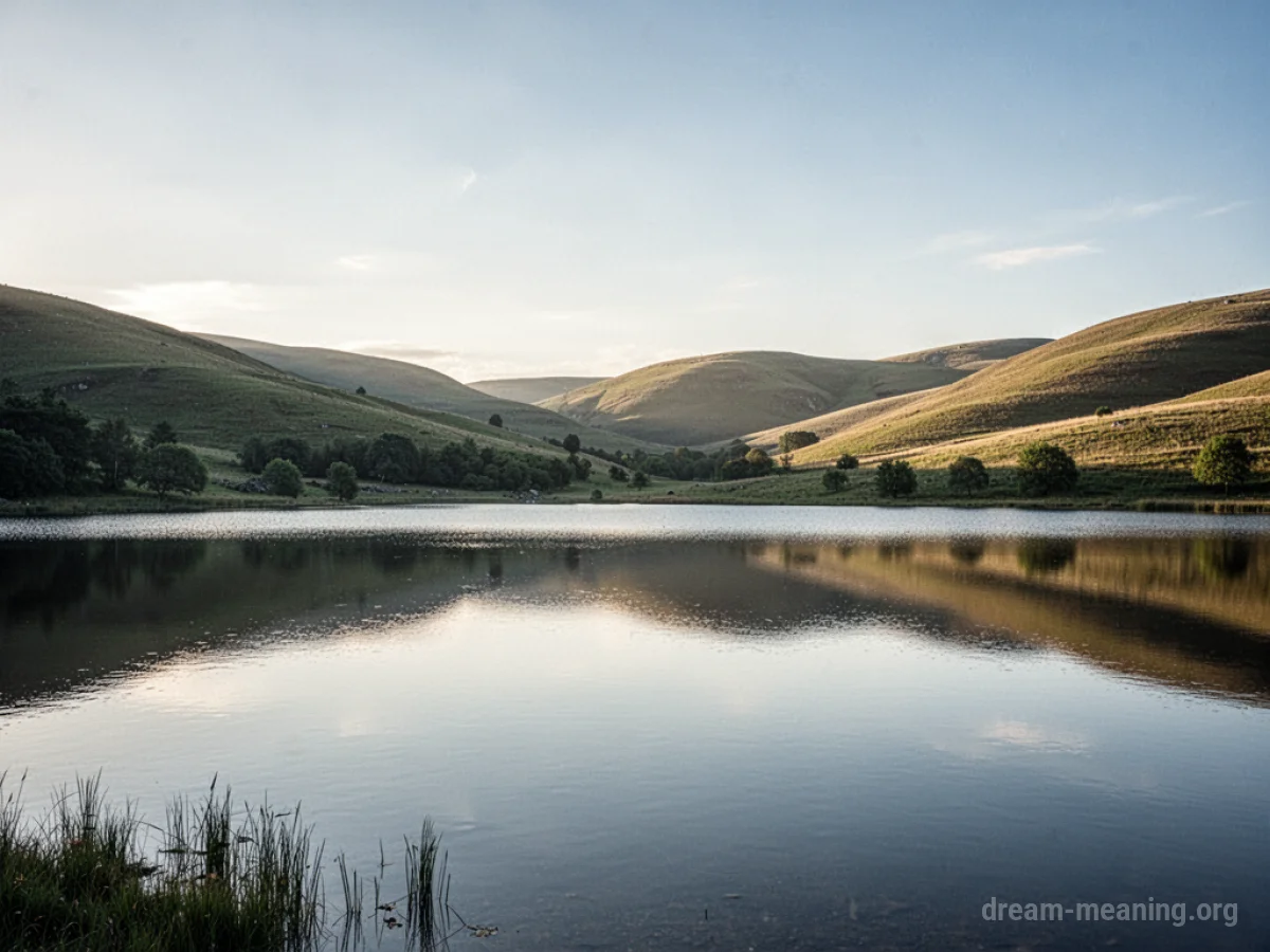 A tranquil lake reflecting a clear blue sky in a peaceful landscape.