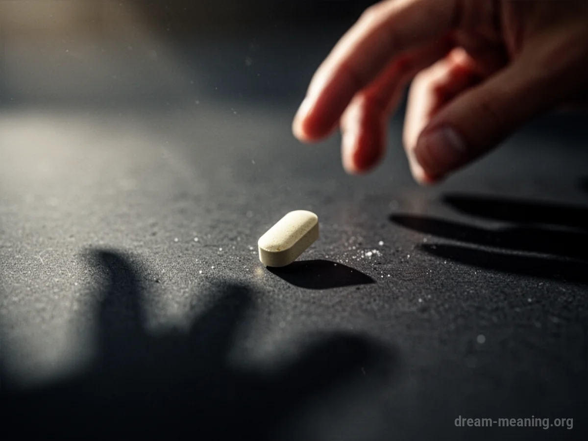 A single pill on a dark surface with a shadow, a hand reaching.