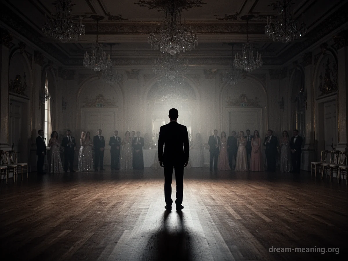 A lone figure stands in an empty party space.