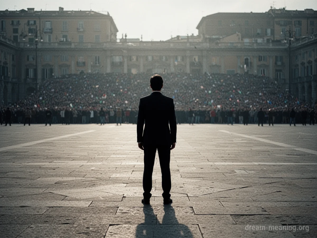 A solitary figure stands in an empty plaza.