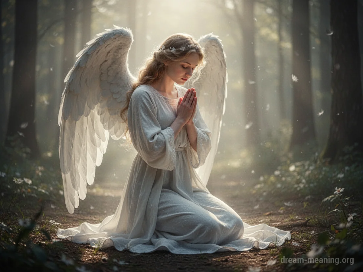 An angelic figure with wings kneeling with hands in prayer.