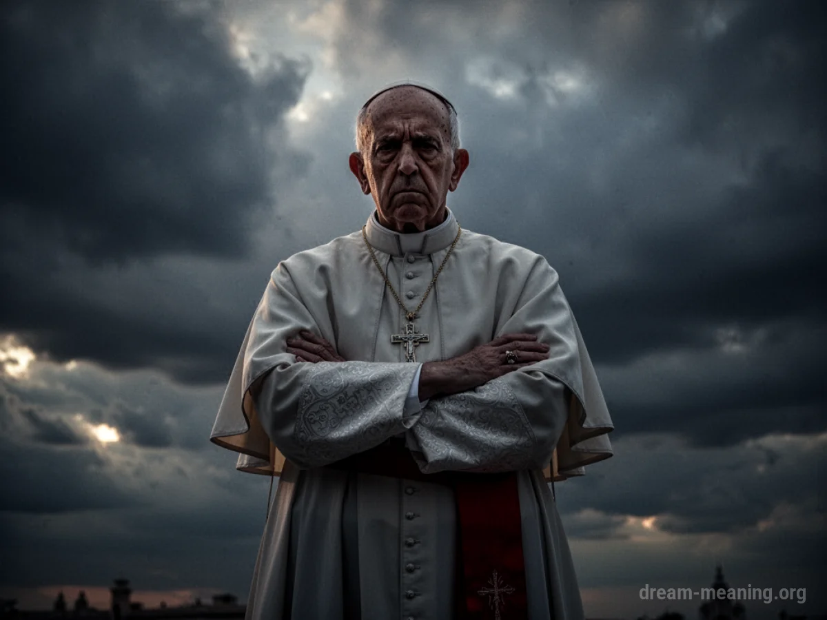 A silhouette of a pope with a stern expression.