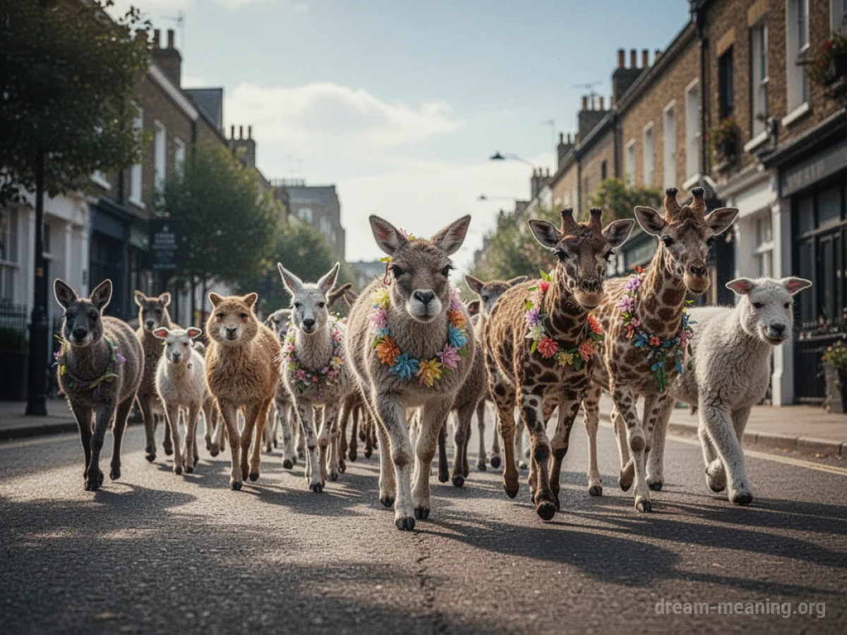 A line of various animals walking down a street.