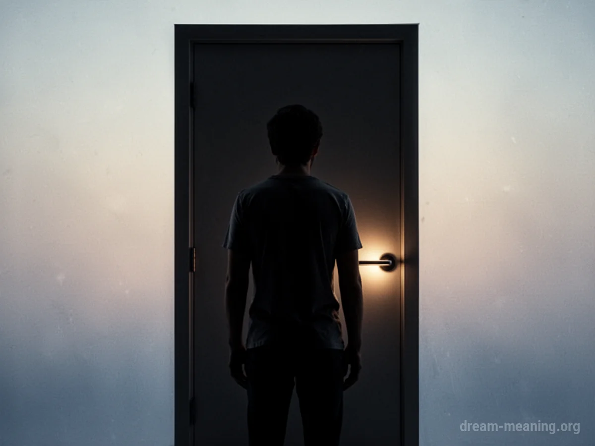 Silhouette of a person facing a closed door.