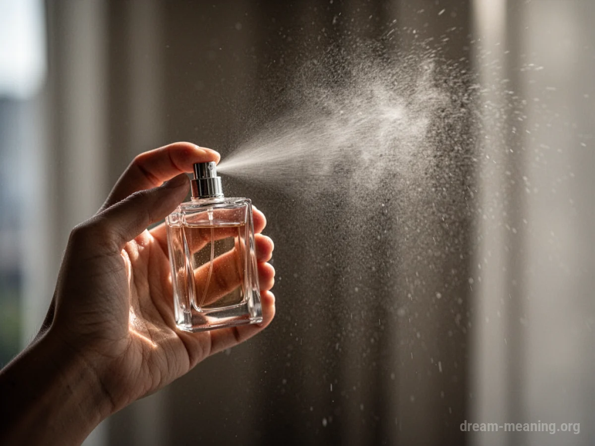 A hand holding a perfume bottle and spraying mist.