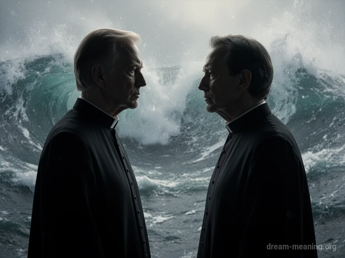 Two indistinct figures in silhouette, one wearing robes, facing each other in front of a swirling, abstract background.