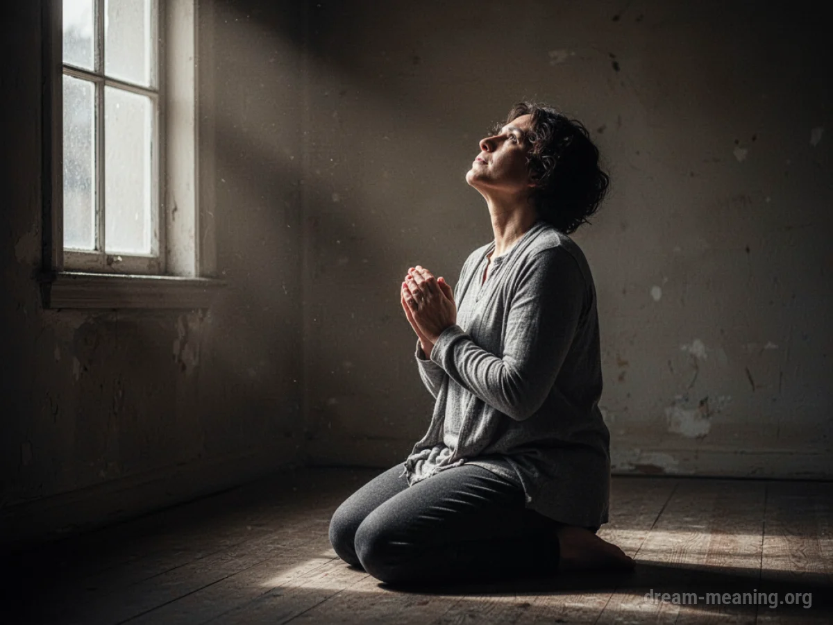 A person kneeling in prayer in a dimly lit room with light filtering in.