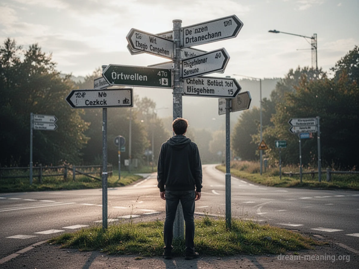 A person stands at a crossroads with signs pointing in multiple directions.