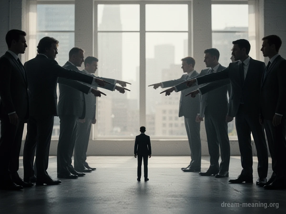 Multiple shadowy figures in suits pointing fingers towards a single, smaller silhouette.