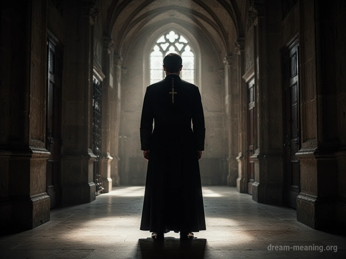 Silhouette of a priestly figure in a dark hallway.
