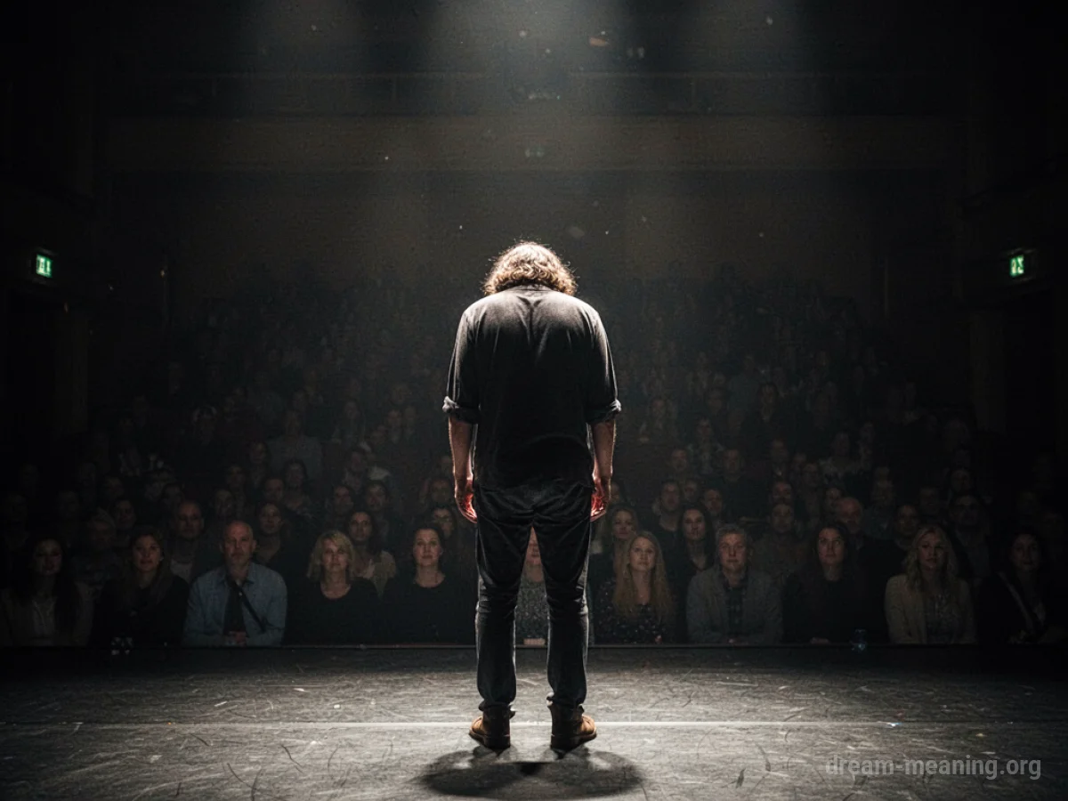A solitary figure on a stage facing away from the viewer.