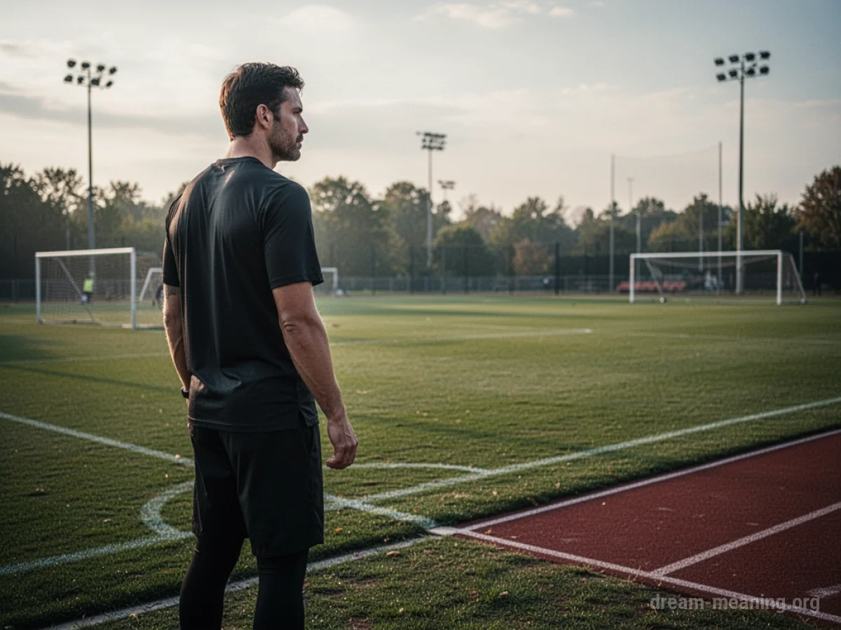 A person hesitates at the entrance to a sports field.